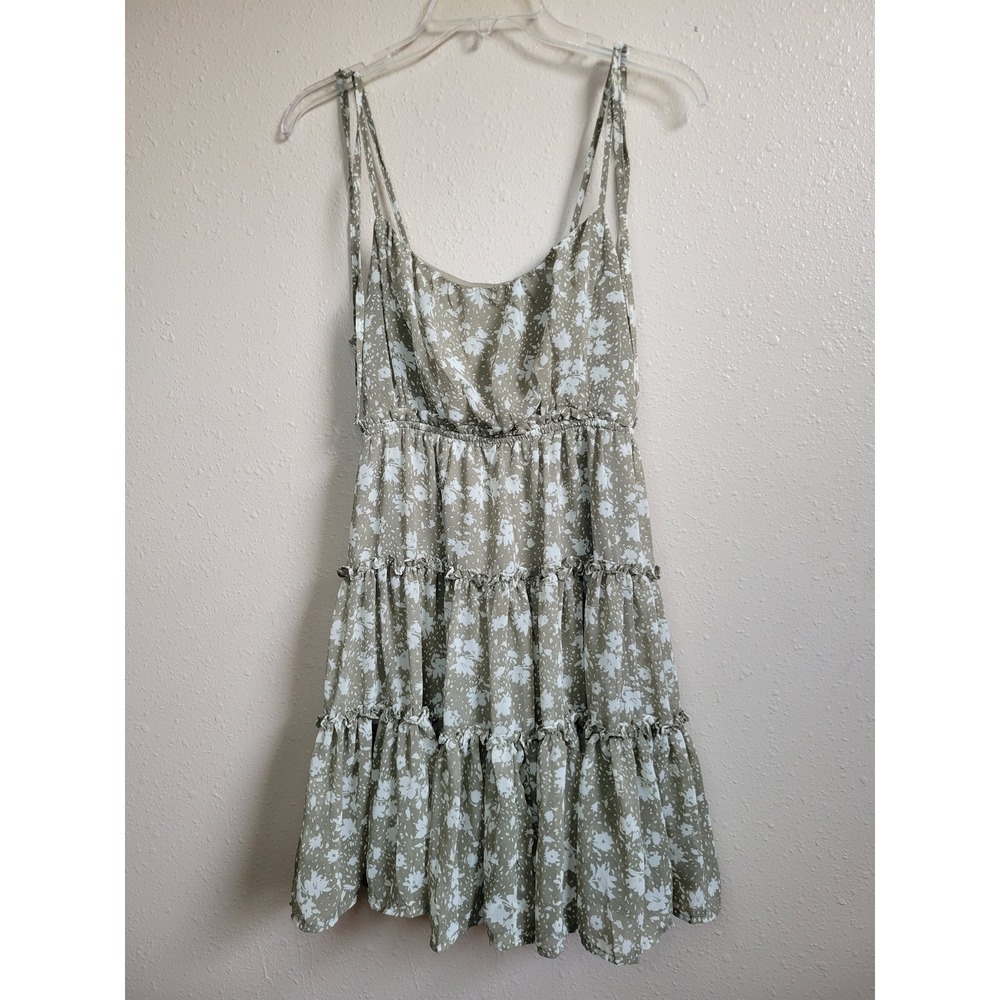 Blu Pepper Olive Green Floral Tiered Mini Dress Smocked Back Tie Strap Medium